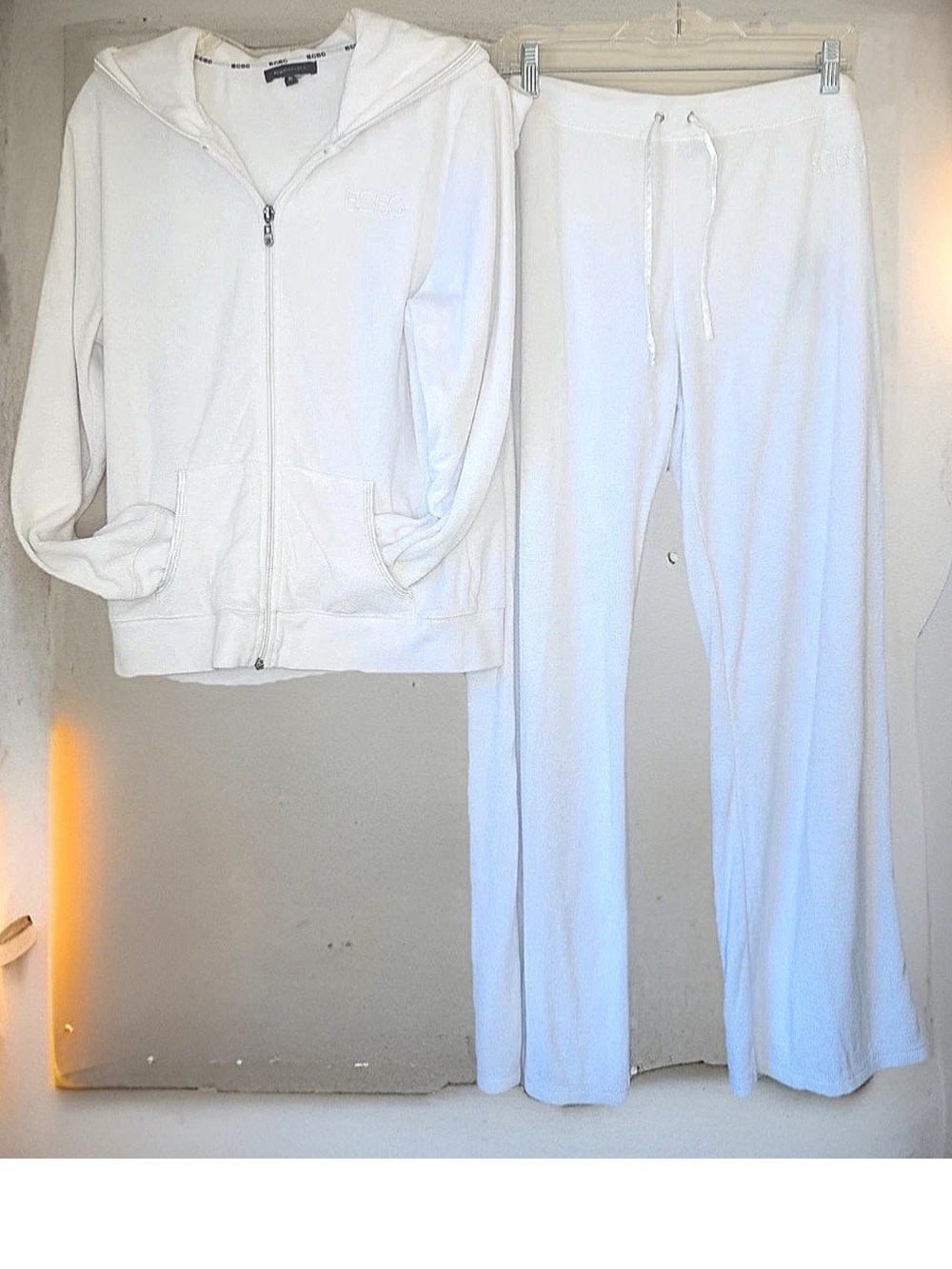 🐚BCBG🐚 FRENCH TERRY SATIN TRIM EMBROIDERED LOGO ON HOODIE POCKET+WIDE LEG PANTS
